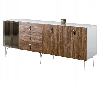 Комод для гостиной 2.1 (1 дверь стекло и 2 двери wood) Bogemia Wood Fa (Белый) (Lakobel/Хром) БМКМ-5(Wo)[4]