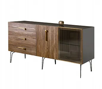Комод для гостиной 1.6 (1 дверь стекло и 1 дверь wood) Bogemia Wood Wo (Серый) (Lakobel/Золото) БМКМ-4(Wo)[5][10]