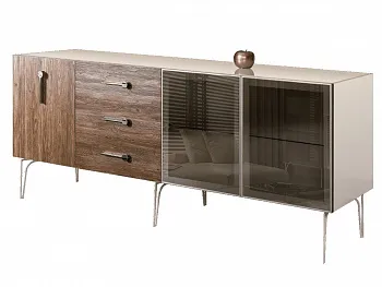 Комод для гостиной 2.1 (2 двери стекло и 1 дверь wood) Bogemia Wood Wo (Слоновая кость) (Lakobel/Хром) БМКМ-5(Wo)[5][10]