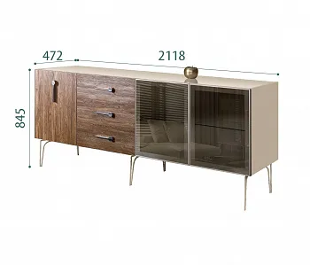 Комод для гостиной 2.1 (2 двери стекло и 1 дверь wood) Bogemia Wood Wo (Ваниль) (Lakobel/Хром) БМКМ-5(Wo)[5][10]