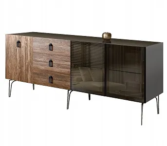 Комод для гостиной 2.1 (2 двери стекло и 1 дверь wood) Bogemia Wood Fa (Серый) (Lakobel/Черный) БМКМ-5(Wo)[5][10]