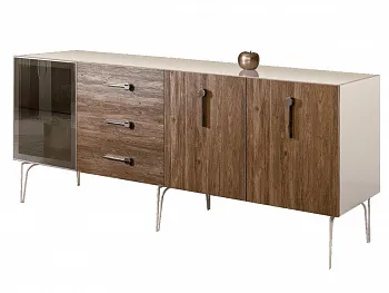 Комод для гостиной 2.1 (1 дверь стекло и 2 двери wood) Bogemia Wood Wo (Слоновая кость) (Lakobel/Хром) БМКМ-5(Wo)[4]