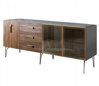 Комод для гостиной 2.1 (2 двери стекло и 1 дверь wood) Bogemia Wood Wo (Серый) (Novabuk/Золото) БМКМ-5(Wo)[5][10]