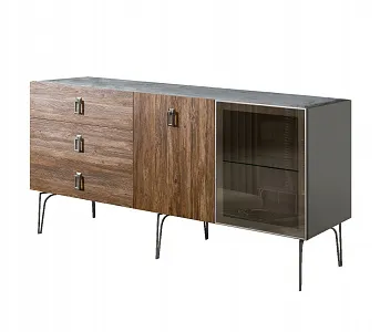 Комод для гостиной 1.6 (1 дверь стекло и 1 дверь wood) Bogemia Wood Fa (Серый) (Novabuk/Хром) БМКМ-4(Wo)[5][10]