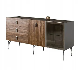Комод для гостиной 1.6 (1 дверь стекло и 1 дверь wood) Bogemia Wood Fa (Серый) (Lakobel/Хром) БМКМ-4(Wo)[5][10]