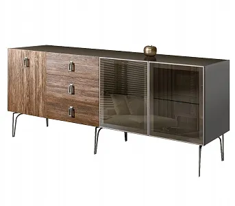 Комод для гостиной 2.1 (2 двери стекло и 1 дверь wood) Bogemia Wood Fa (Серый) (Lakobel/Хром) БМКМ-5(Wo)[5][10]