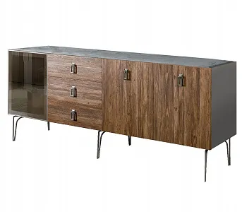 Комод для гостиной 2.1 (1 дверь стекло и 2 двери wood) Bogemia Wood Fa (Серый) (Novabuk/Хром) БМКМ-5(Wo)[4]