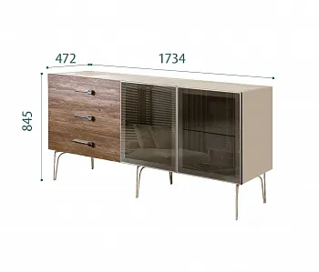 Комод для гостиной 1.6 (2 двери стекло) Bogemia Wood Wo (Ваниль) (Novabuk/Хром) БМКМ-4(Wo)[5]