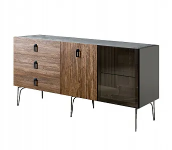 Комод для гостиной 1.6 (1 дверь стекло и 1 дверь wood) Bogemia Wood Fa (Серый) (Novabuk/Черный) БМКМ-4(Wo)[5][10]