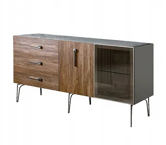 Комод для гостиной 1.6 (1 дверь стекло и 1 дверь wood) Bogemia Wood Wo (Серый) (Novabuk/Хром) БМКМ-4(Wo)[5][10]