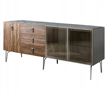 Комод для гостиной 2.1 (2 двери стекло и 1 дверь wood) Bogemia Wood Fa (Серый) (Novabuk/Хром) БМКМ-5(Wo)[5][10]