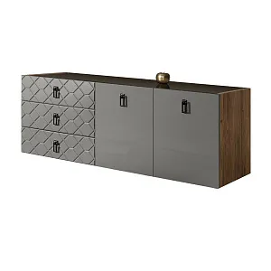 Комод для гостиной 1.6 м Bogemia Woodline Fly Fa (Серый) (Lakobel/Черный) БМКМ-4 (Woodline)(Fly)