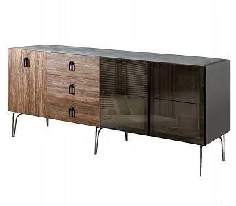 Комод для гостиной 2.1 (2 двери стекло и 1 дверь wood) Bogemia Wood Fa (Серый) (Novabuk/Черный) БМКМ-5(Wo)[5][10]