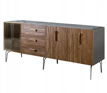 Комод для гостиной 2.1 (1 дверь стекло и 2 двери wood) Bogemia Wood Wo (Серый) (Novabuk/Золото) БМКМ-5(Wo)[4]