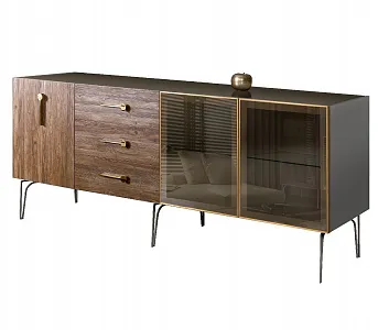 Комод для гостиной 2.1 (2 двери стекло и 1 дверь wood) Bogemia Wood Wo (Серый) (Lakobel/Золото) БМКМ-5(Wo)[5][10]