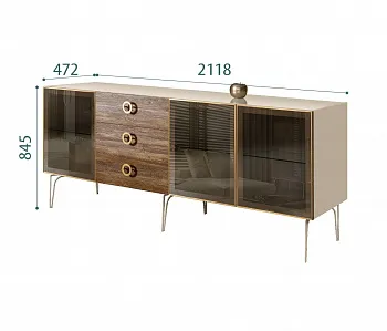 Комод для гостиной 2.1 (3 двери стекло) Bogemia Wood Fi (Ваниль) (Lakobel/Золото) БМКМ-5(Wo)[5]