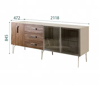Комод для гостиной 2.1 (2 двери стекло и 1 дверь wood) Bogemia Wood Wo (Ваниль) (Novabuk/Хром) БМКМ-5(Wo)[5][10]