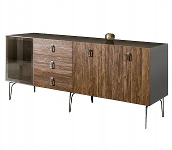 Комод для гостиной 2.1 (1 дверь стекло и 2 двери wood) Bogemia Wood Fa (Серый) (Lakobel/Хром) БМКМ-5(Wo)[4]