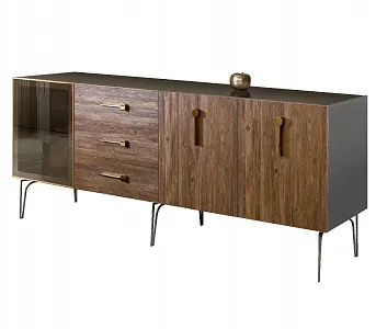 Комод для гостиной 2.1 (1 дверь стекло и 2 двери wood) Bogemia Wood Wo (Серый) (Lakobel/Золото) БМКМ-5(Wo)[4]
