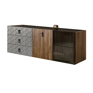 Комод для гостиной 1.6 м Bogemia Woodline Fly Wood Fa (Серый) (Lakobel/Черный) БМКМ-4 [5][10] (Woodline)(Fly)