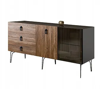 Комод для гостиной 1.6 (1 дверь стекло и 1 дверь wood) Bogemia Wood Fa (Серый) (Lakobel/Черный) БМКМ-4(Wo)[5][10]