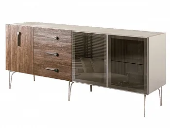 Комод для гостиной 2.1 (2 двери стекло и 1 дверь wood) Bogemia Wood Wo (Слоновая кость) (Novabuk/Хром) БМКМ-5(Wo)[5][10]