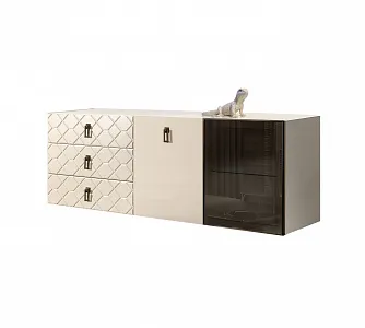 Комод для гостиной 1,6м (1 дверь стекло и 1 дверь wood) Bogemia Fly Farfale (Слоновая кость) (Lakobel/Черный) БМКМ-4(Fly)[5][10]