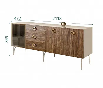 Комод для гостиной 2.1 (1 дверь стекло и 2 двери wood) Bogemia Wood Fi (Ваниль) (Lakobel/Золото) БМКМ-5(Wo)[4]