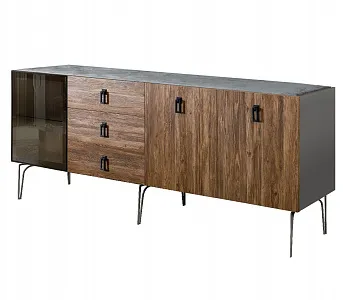 Комод для гостиной 2.1 (1 дверь стекло и 2 двери wood) Bogemia Wood Fa (Серый) (Novabuk/Черный) БМКМ-5(Wo)[4]