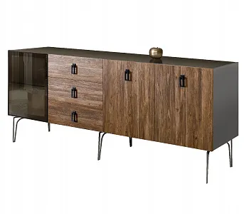 Комод для гостиной 2.1 (1 дверь стекло и 2 двери wood) Bogemia Wood Fa (Серый) (Lakobel/Черный) БМКМ-5(Wo)[4]