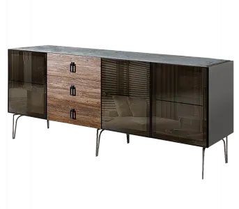 Комод для гостиной 2.1 (3 двери стекло) Bogemia Wood Fa (Серый) (Novabuk/Черный) БМКМ-5(Wo)[5]
