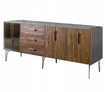 Комод для гостиной 2.1 (1 дверь стекло и 2 двери wood) Bogemia Wood Wo (Серый) (Novabuk/Хром) БМКМ-5(Wo)[4]
